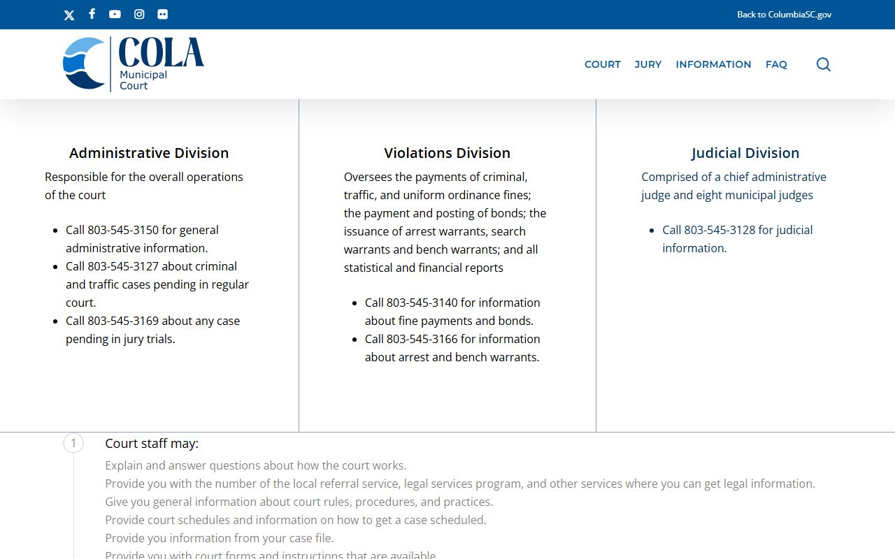 Columbia Municipal Court contact page for traffic ticket inquiries