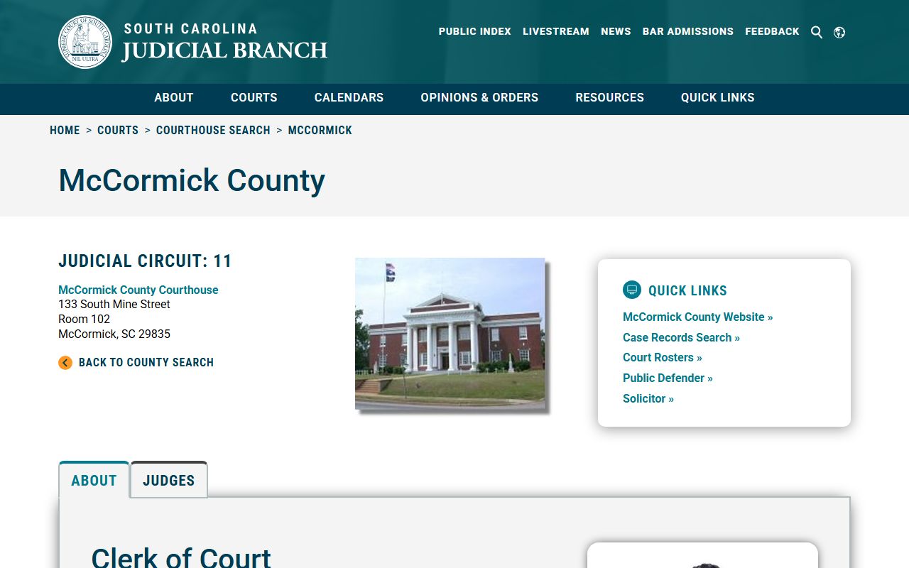 McCormick County clerk SC Courts information