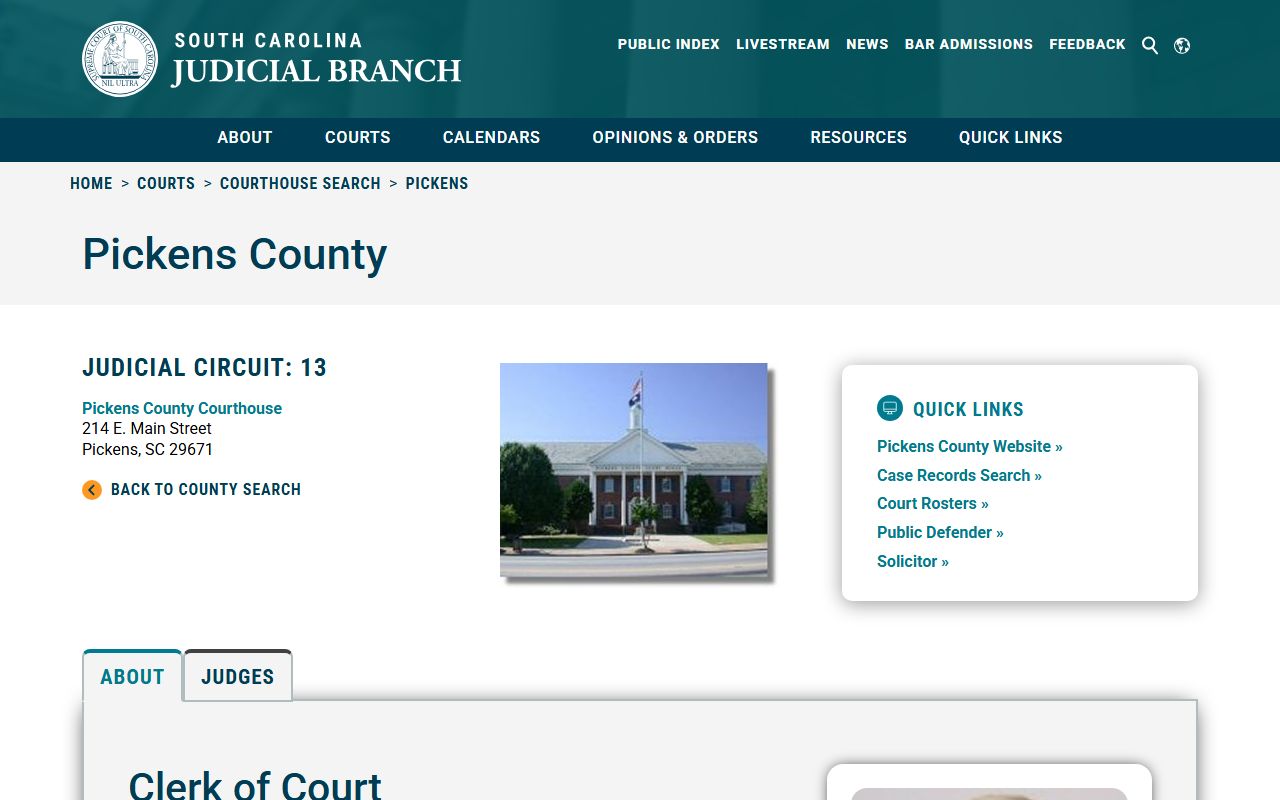 SC Courts courthouse information Pickens County traffic ticket records