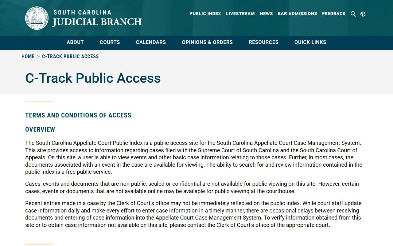 South Carolina C-Track Public Access appellate court records portal search interface