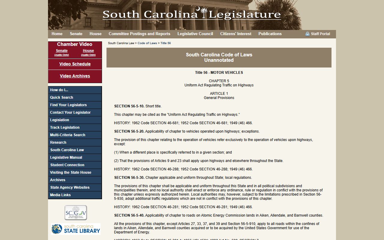 SC Code Title 56 traffic laws page on the SC Legislature website listing chapters and sections of South Carolina traffic law