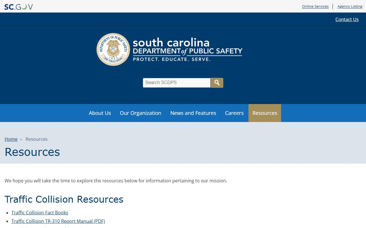 SC Department of Public Safety resources page showing links to Highway Patrol, crash reports, and traffic safety programs