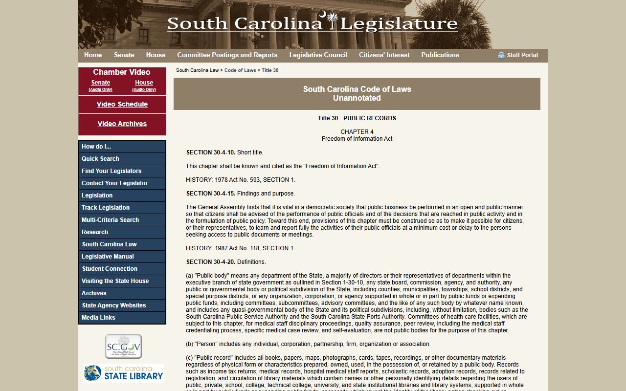 South Carolina FOIA Code Title 30 Chapter 4 page on the SC Legislature website showing public records access provisions