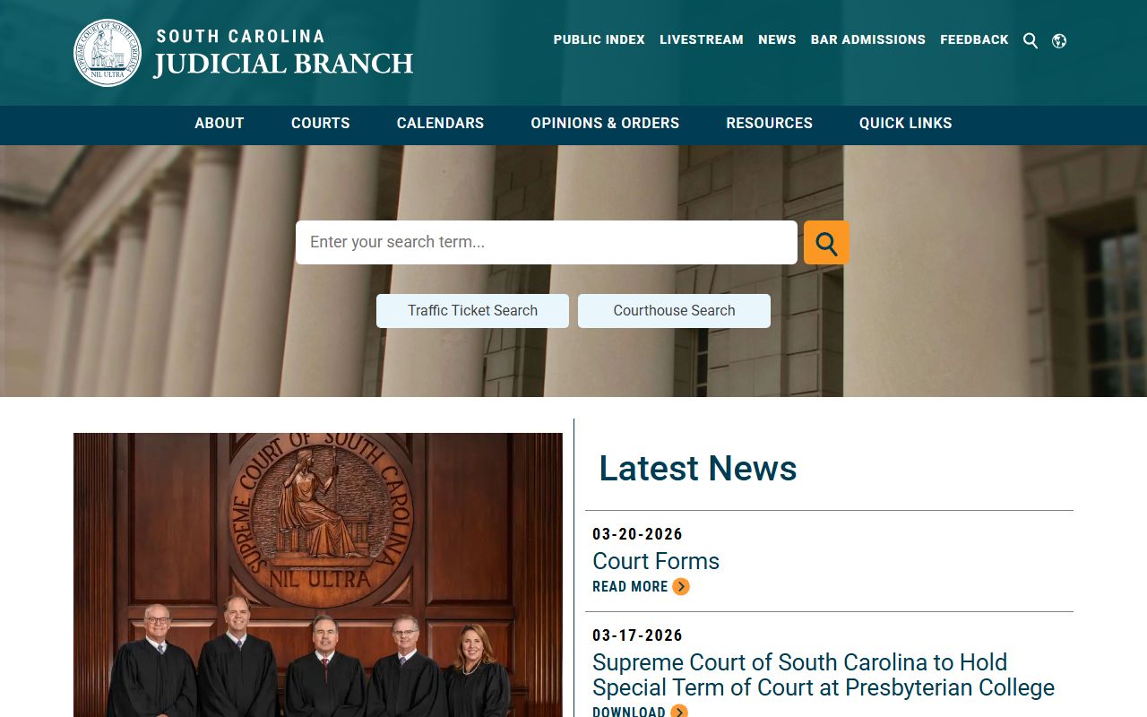 South Carolina Judicial Branch homepage showing links to court records, traffic ticket search, and case management systems