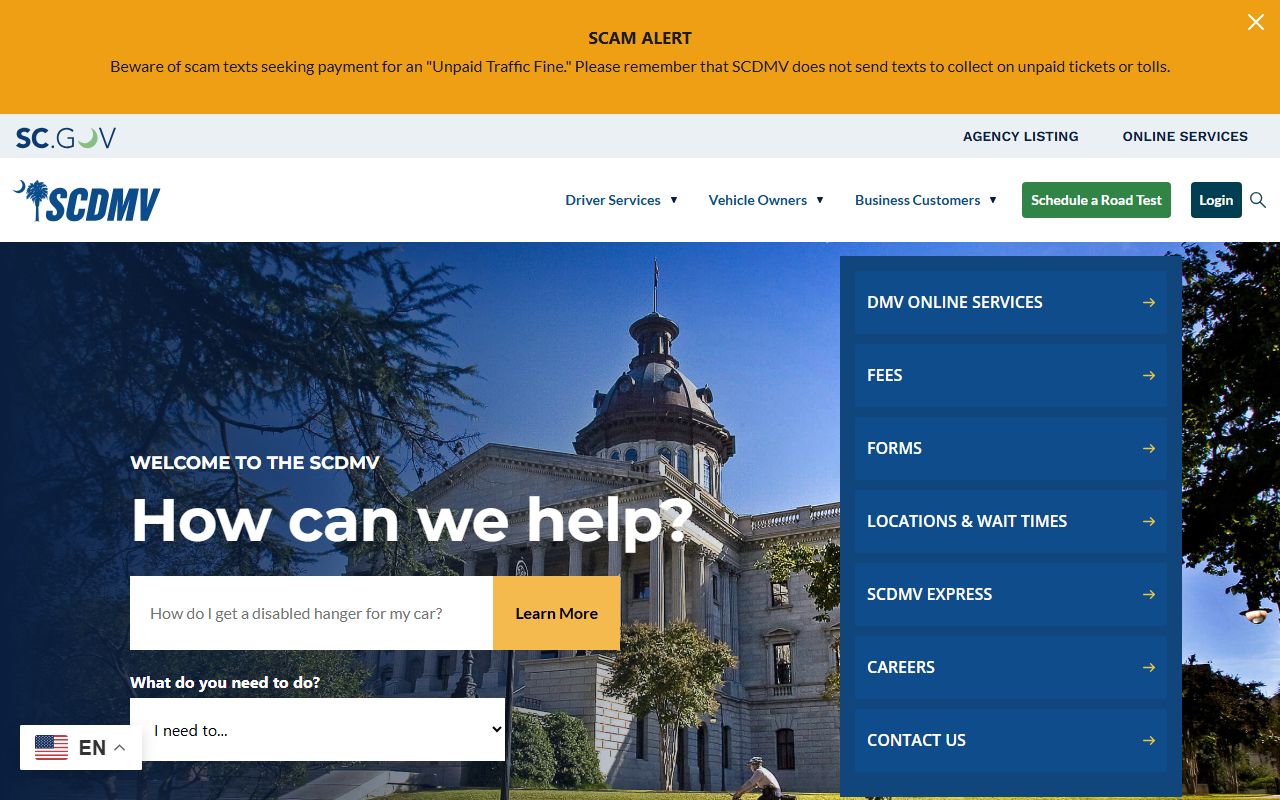 SCDMV Online Portal homepage showing links to driver services, vehicle registration, and records in South Carolina