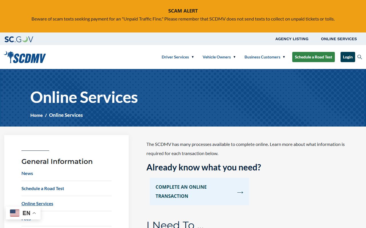 SCDMV Online Services portal listing available driver and vehicle services in South Carolina