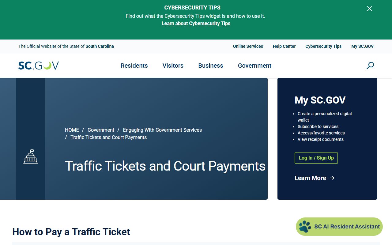 SC.GOV Traffic Ticket and Court Payments portal showing county and city selection for online payment