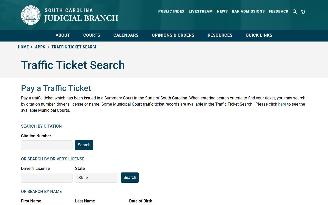 South Carolina Judicial Branch Traffic Ticket Search Portal main page showing citation number, license number, and name search options